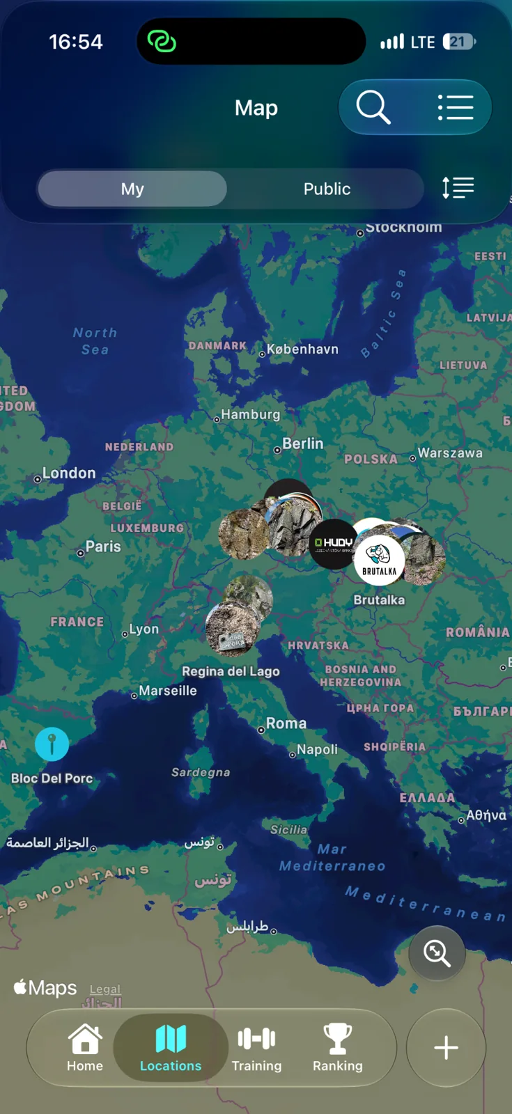 Map of climbing locations in Europe